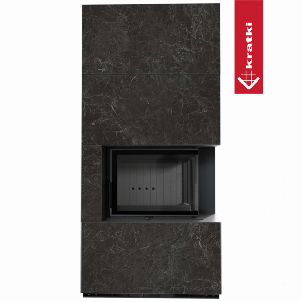 Каминокомплект Kratki PRO FLOKI NATURALI NERO GRECO, угловое стекло справа (Чёрная футеровка)